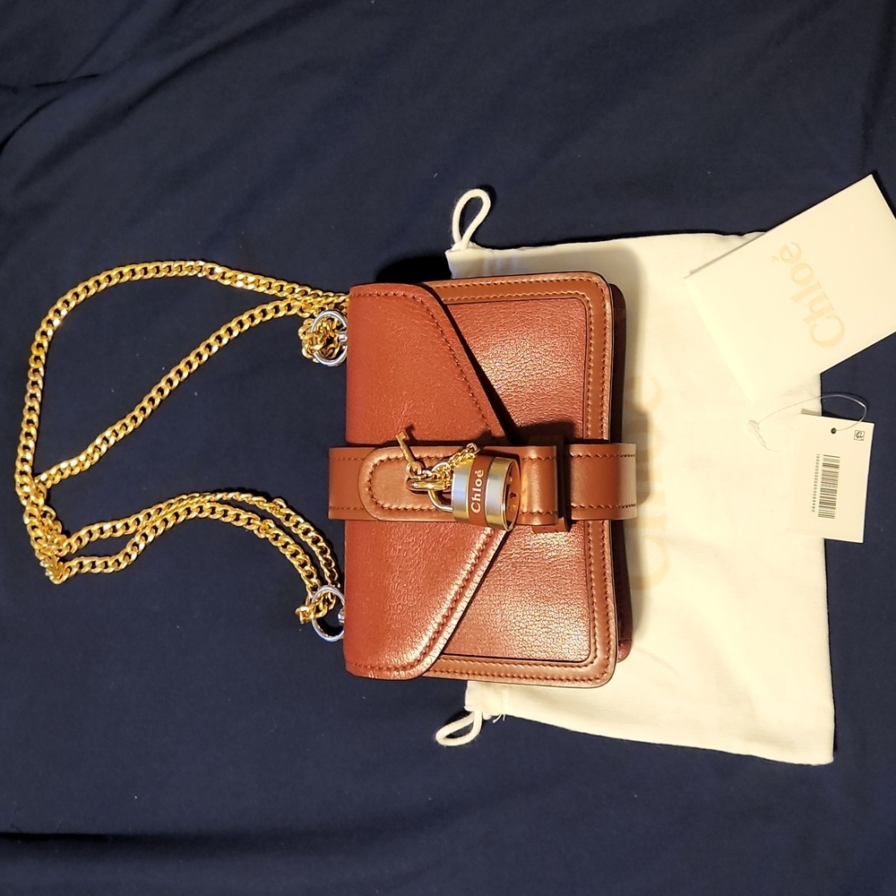 AUTHENTIC Chloé Aby Chain Mini Shoulder Brown Leather Bag